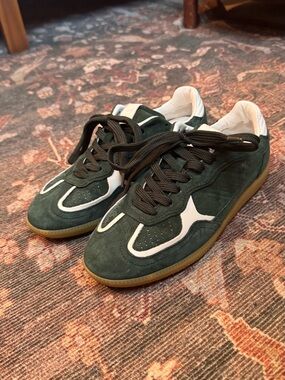 Alohas Dark Green Suede Casual Sneakers with White Accents